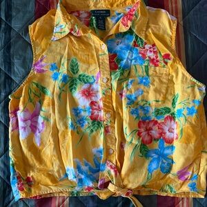 Lauren Ralph Lauren Top Women XL Yellow Floral Linen Sleeveless Button Up Tie